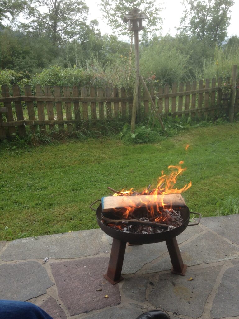 A Fire Pit With Burning Wood in a Backyard With a Wooden Fence and Greenery in the Background